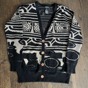 Stussy Y2K Black and Gold Patterned Cartigan Sweater